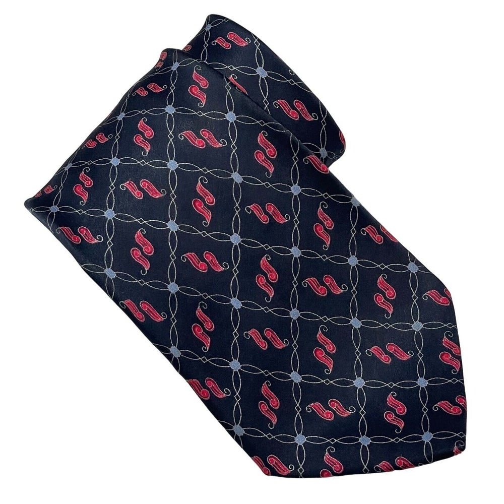 Brioni Designer Italy Blue Red Ribbon Print Silk Tie Necktie 3.75"